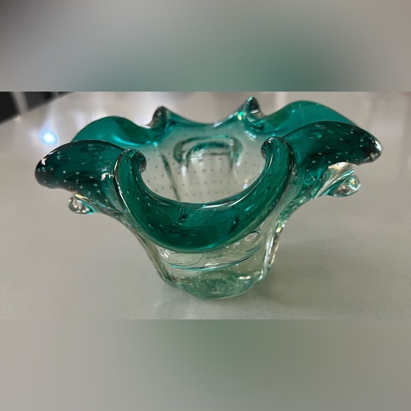 Vtg Murano Art Glass Bowl Green Flower Form Petals Controlled Bubbles Bullicante - Picture 4 of 6